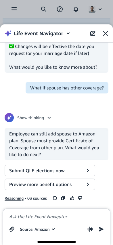 The assistant answers the follow-up with reasoning and three sources, then offers next actions: submit elections now or preview more benefit options